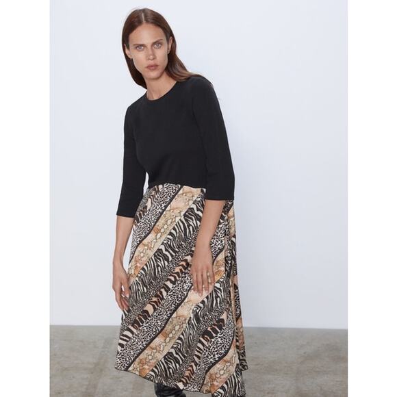 Zara Black Multicolor Animal Print Long Sleeve Leopard Zebra Midi Dress Size L - Picture 3 of 9